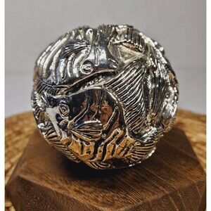 999 Silver Nautical Paper Weight Ocean Coral Reef Sphere Fish Sculpture Signed